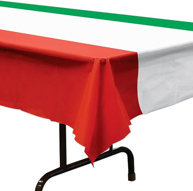 Beistle International Tablecover, 54” x 108” – Plastic Table Cloth, Rectangular Tablecloth, Italian Decorations, Mexican Tablecloth, Cinco De Mayo Decorations, Red/White/Green