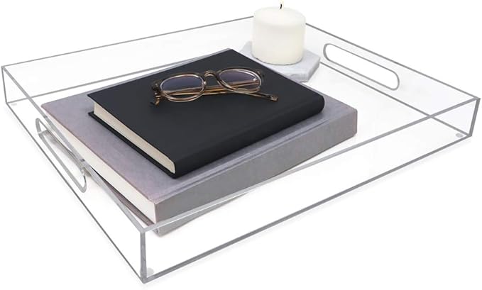 Isaac Jacobs Clear Acrylic Serving Tray (14x18) with Cutout Handles, Spill-Proof, Stackable Organizer, Space-Saver, Food & Drinks Server, Indoors/Outdoors, Lucite Storage Décor & More