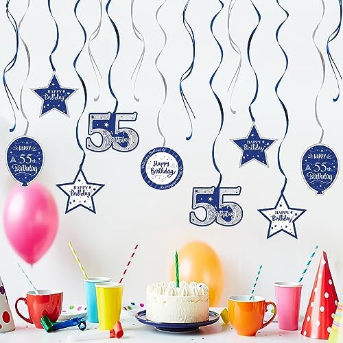 Happy 55th Birthday Blue & Silver Glitter Swirls Streamers Party Decorations - 15 Pcs 55th Birthday Hanging Swirls Streamers Kit,Perfect for 55th Bday Party Sign.