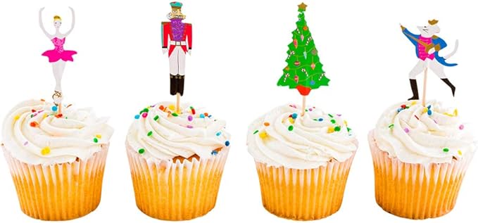 Top Cake Christmas Cupcake Toppers, 24 Nutcracker Holiday Cupcake Toppers - Assorted, Includes Christmas Tree, Ballerina, Nutcracker, And Rat King, Paper Xmas Cupcake Toppers - Restaurantware