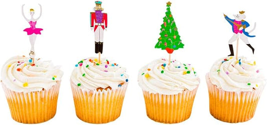 Top Cake Christmas Cupcake Toppers, 24 Nutcracker Holiday Cupcake Toppers - Assorted, Includes Christmas Tree, Ballerina, Nutcracker, And Rat King, Paper Xmas Cupcake Toppers - Restaurantware