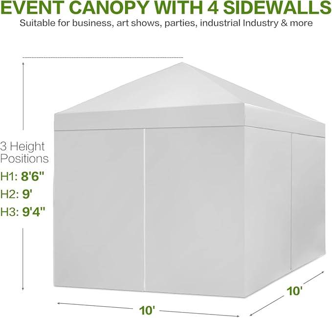 Tunbne 10X10 Comercial Pop Up Canopy Tent with 4 Sidewalls and 6 Pockets, One Push Setup Center Lock, for Beach Patio Outdoor, Case, 8 Stakes, 4 Ropes, 4 Sandbags (Snow White)