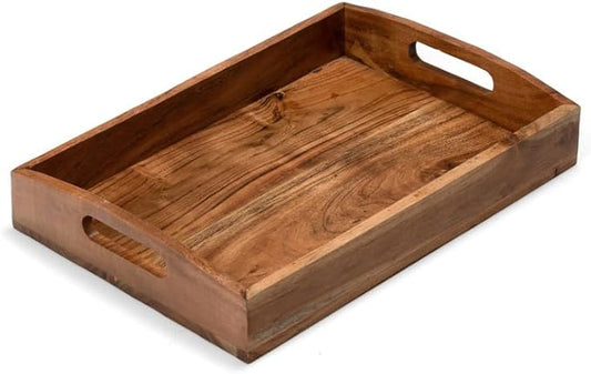 Acacia Wood Serving Tray - 16 Inch Wooden Tray with Natural Food-Safe PU Coating, Brown