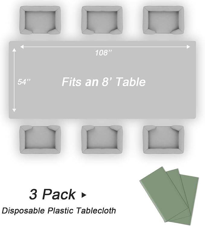 QIKSION Sage Green Plastic Table Cloth Disposable 3 Pack, 54 x 108 Inch Tablecloths for Baby Shower Birthday Bridal Wedding Party Decorations, Rectangle Table Cover