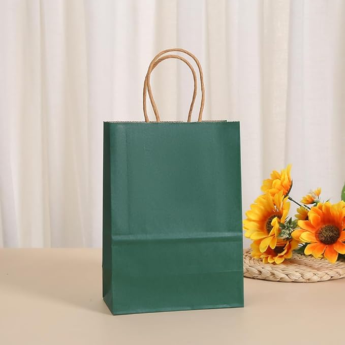 25 PCS Small Gift Bags Kraft Paper Bags with Handles for Party Favor (Dark Green, 8.2 x 6 x 3.1 in)