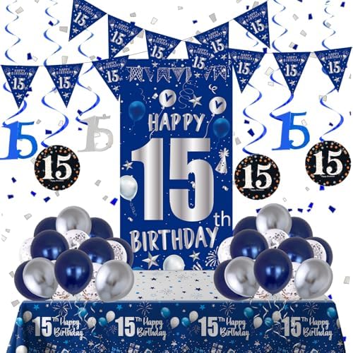 Blue 15th Birthday Decorations for Boys Girls, 15 Year Old Party Supplies