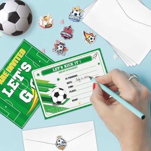 20Pcs Soccer Party Invitations Sets with Envelopes Soccer Favors Birthday Invitation Cards for Boys Kids Fan Sports Event Soccer Party Supplies, 6.7x4.7 Inch