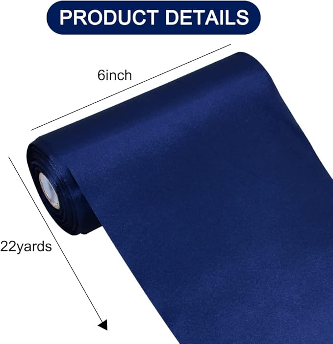 TONIFUL 6 inch x 22yd Wide Navy Blue Satin Ribbon Solid Fabric Ribbon for Cutting Sewing Ceremony Party Decoration Chair Sash Table Runner Car Bows Indoor Outdoor Yard Decor