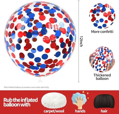 VHUWE Red Blue Confetti Balloons 25 Pcs, 12 Inch Thickened Clear Latex Balloon with Confetti Inside for Birthday Party Baby Shower Graduation Anniversary Engagement Decorations Supplies