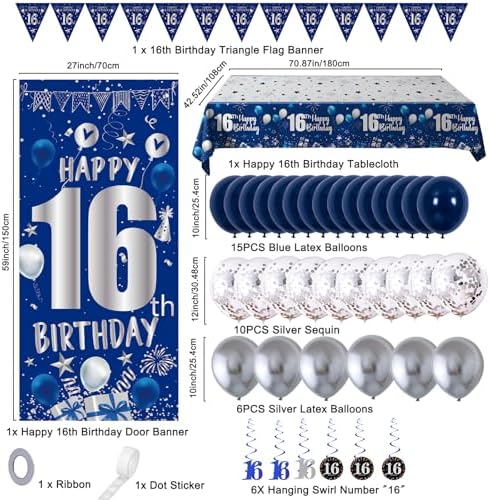 16th Birthday Decorations for Boys, Blue Happy 16th Birthday Decoration Boy