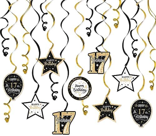 Happy 17th Birthday Black & Gold Glitter Swirls Streamers Party Decorations - 15 Pcs 17th Birthday Hanging Swirls Streamers Kit,Cheers to Seventeen Years Old Bday Party Sign.