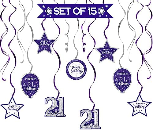 Happy 21st Birthday Purple & Silver Glitter Swirls Streamers Party Decorations - 15 Pcs 21st Birthday Hanging Swirls Streamers Kit,Perfect for 21st Bday Party Sign.
