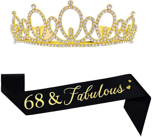 Happy 68th Birthday Tiara and Sash Gifts Crystal Rhinestone Princess Crown Birthday Women Party Favor Supplies Gold Crowns Black Sash