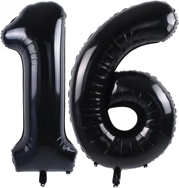 TONIFUL 40 Inch Large Black Number 16 Balloons Giant Digital 16 or 61 Helium Foil Mylar Big Number Balloons for 2026 Graduation New Year Eve 16th or 61st Birthday Party Anniversary