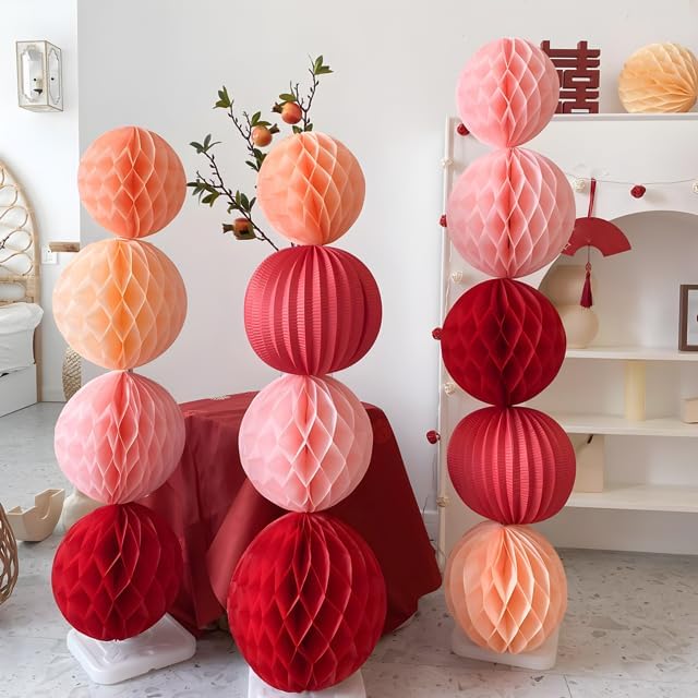 16 Pack Tissue Paper Honeycomb Balls, Poms Birthday Baby Shower Wedding Decorations (Red Green Shade)