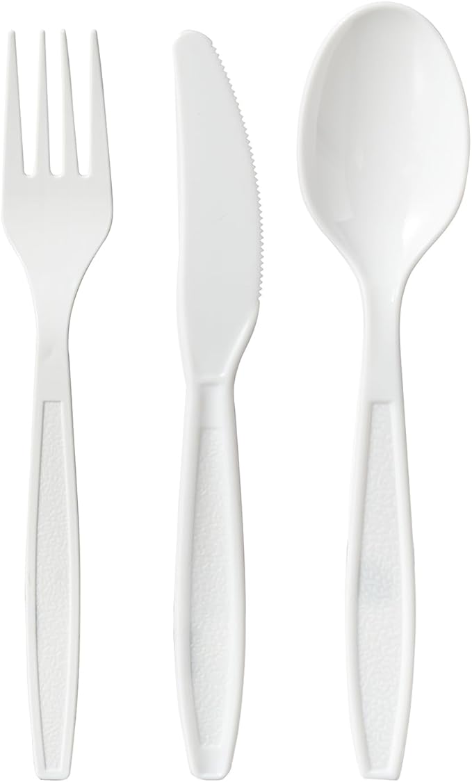 FULING White Plastic Forks Spoons Knives Heavyweight Utensils Disposable Silverware Heavy Duty Cutlery Set [300 Combo Box]