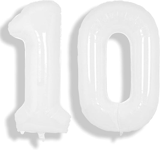 SUWEN 40 Inch White Large 10 Balloon Number Big Foil Helium Number Balloons 0-9 Giant Jumbo Happy 10th Birthday Party Decorations for Boy or Girl Huge Mylar Anniversary Party Supplies