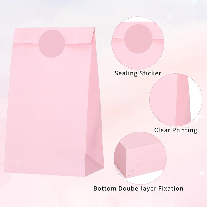 woric 36PCS Pink Paper Bags with Stickers, Small Pink Party Favor Bags for Girls Birthday Self Stand Goodie Gift Bag for Kids Baby Shower Wedding Party Decor