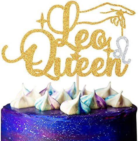 Leo Queen Cake Topper, Big Leo Energy/Leo Season Cake Decor in July August, 12 Zodiac Constellation Leo Birthday Party Decoration Supplies for Women, Gold Glitter