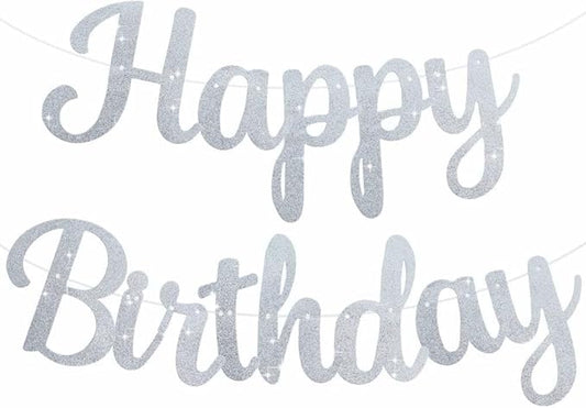 BEISHIDA Happy Birthday Banner - NO DIY,Silver 10Feet Pre-Strung-Glitter Birthday Sign Garland Backdrop Decorations for Women men Party