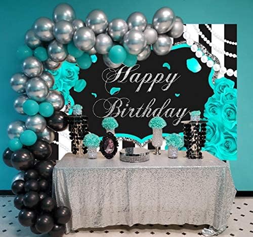 Mocsicka Silver Turquoise Floral Birthday Backdrop for Girl 7x5ft Black and White Stripes Teal Background Quinceanera 15th Birthday Party Decoration (8x6ft(96x72 inch))