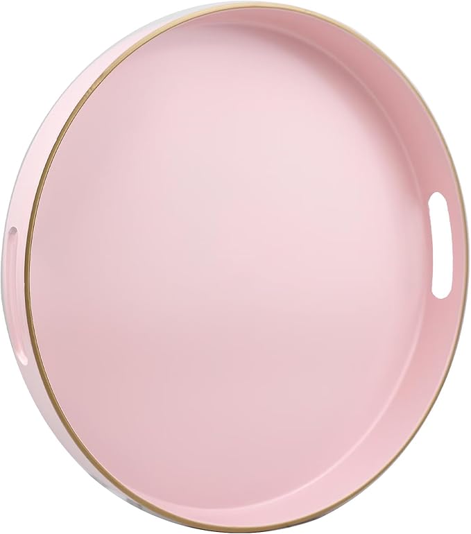 Pink Round Decorative Tray with Handles, 13" Versatile Serving Tray for Coffee Table, Ottoman, Ideal for Serving, Displaying, Organizing