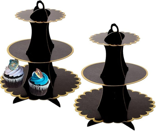 MRPAPA 2Pack Cardboard Cupcake Stand , 3 Tier Dessert Tray, Disposable Paper Mini Cake holder Environment Firendly 3-Tiered Cupcake Tower Tray Table Halloween Decorations (Black)