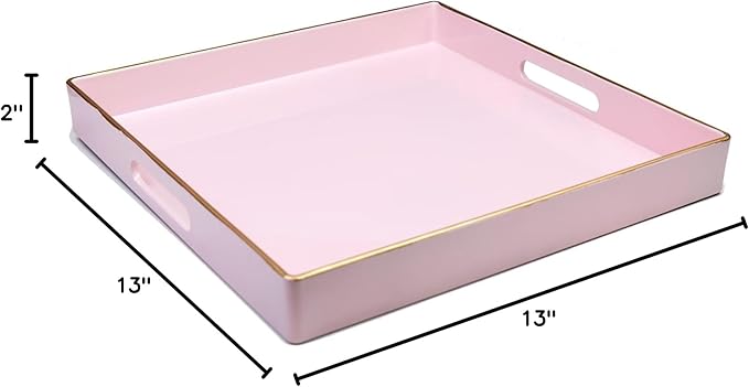 Spsyrine Pink Decorative Serving Tray with Handles, 13" X 13" Square Plastic Coffee Table Tray for Ottoman, Living Room, Bathroom, Home Decor.