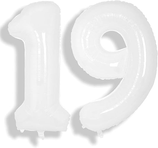 SUWEN 40 Inch White Large 19 Number Balloons Big Foil Helium Number Balloons 0-9 Giant Jumbo Happy 19th Birthday Party Decorations for Boy or Girl Huge Mylar 91 Anniversary Party Supplies