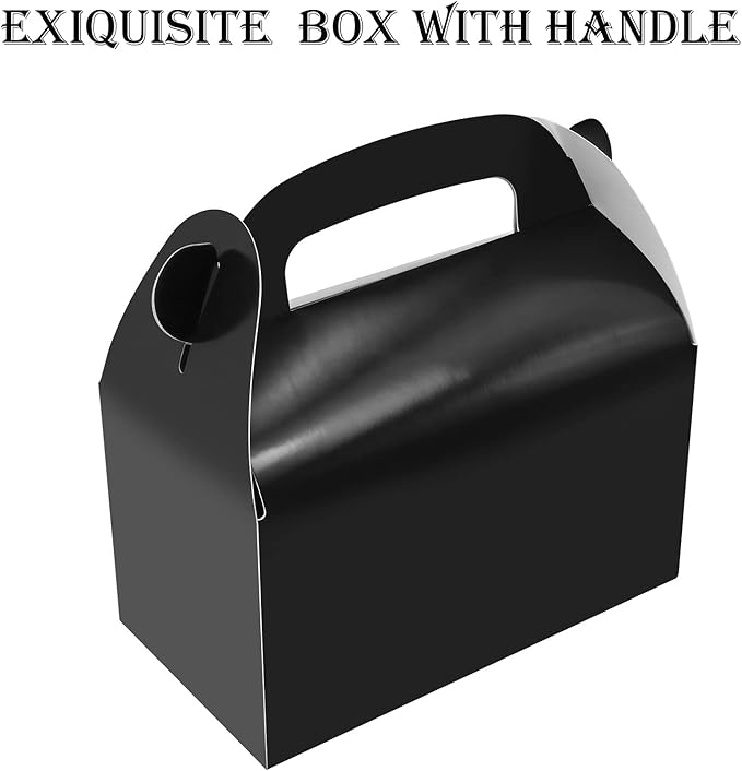 30-Pack Black Party Favor Treat Boxes, Goodie Boxes, Gable Paper Gift Boxes with Handles. Perfect for Birthday, Baby Shower and Any Fun Party Decoration Supplies.