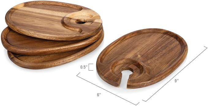 PICNIC TIME Disney Nightmare Before Christmas Jack Skellington Wine Appetizer Plate Set of 4 with Glass Holder, Acacia Wood Cocktail Plates for Cheese Charcuterie and Entertaining, (Acacia Wood)