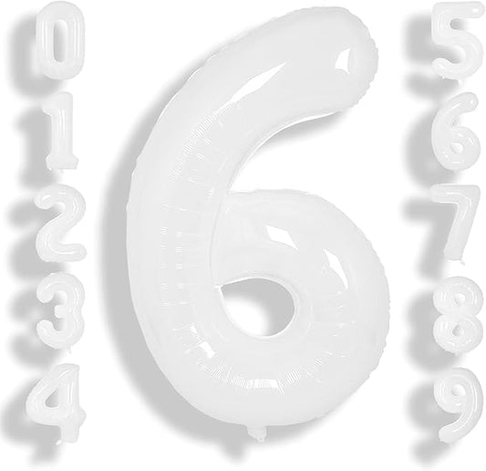SUWEN 40 Inch White Large 6 Balloon Number Big Foil Helium Number Balloons 0-9 Giant Jumbo Happy 6th Birthday Party Decorations for Boy or Girl Huge Mylar Anniversary Party Supplies