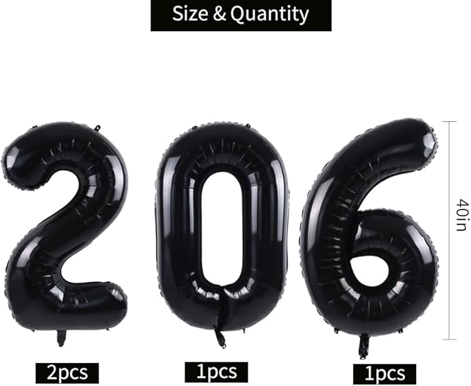 TONIFUL 2026 Graduation Balloons 42Inch Black 2026 Number Balloons Aluminum Foil Mylar Balloons for Graduation New Year Eve Decorations Class of 2026 Christmas Anniversary 2026 Grad Party Supplies