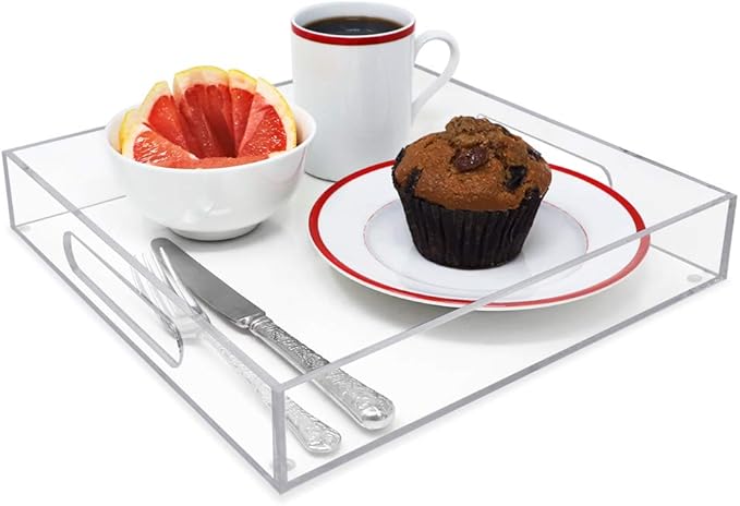 Isaac Jacobs Clear Acrylic Serving Tray (15x15) with Cutout Handles, Spill-Proof, Stackable Organizer, Space-Saver, Food & Drinks Server, Indoors/Outdoors, Lucite Storage Décor & More