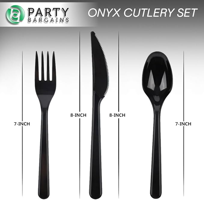 PARTY BARGAINS Onyx Settings Black Plastic Cutlery Set 720‑Piece – 360 Forks, 240 Spoons, 120 Knives – Heavy‑Duty Disposable Utensils for Parties, Weddings, Buffets, BBQs & Catering – BPA Free