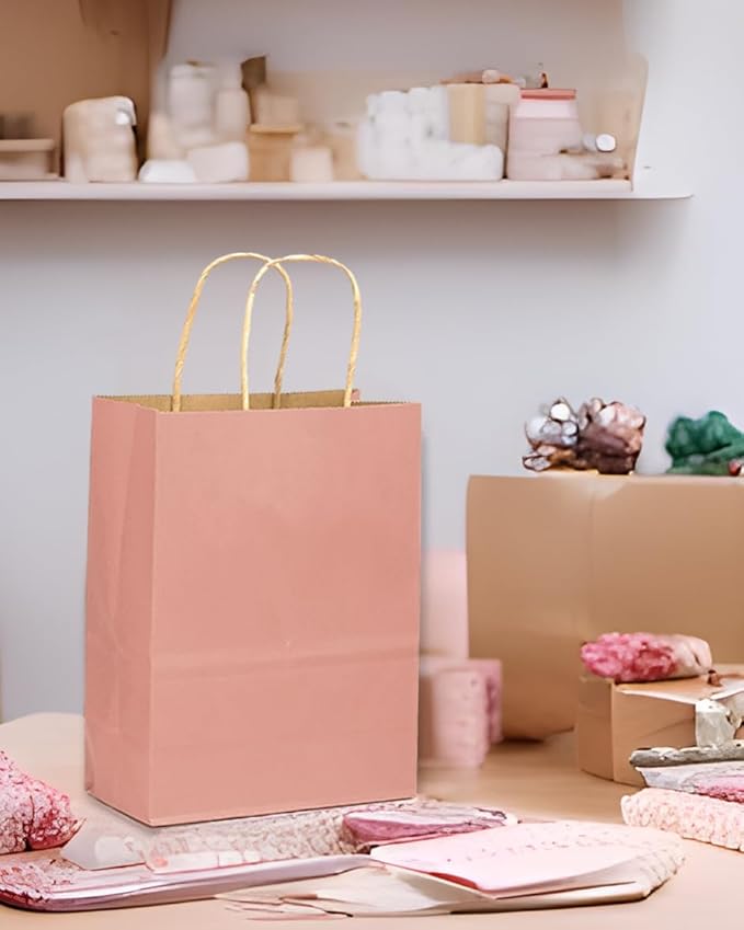 qiqee 32Pcs Small Size Light Pink Kraft Paper GIft Bags with Handles - 8.3"x6"x3.15" Kraft Small Party Bags