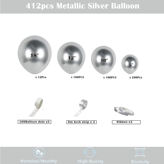 412pcs Metallic Silver Balloon Garland Arch Kit 18 12 10 5 Inch Different Sizes Latex Chrome Balloons for Baby Shower Birthday Graduation Wedding Anniversary Celebration Party Decoration