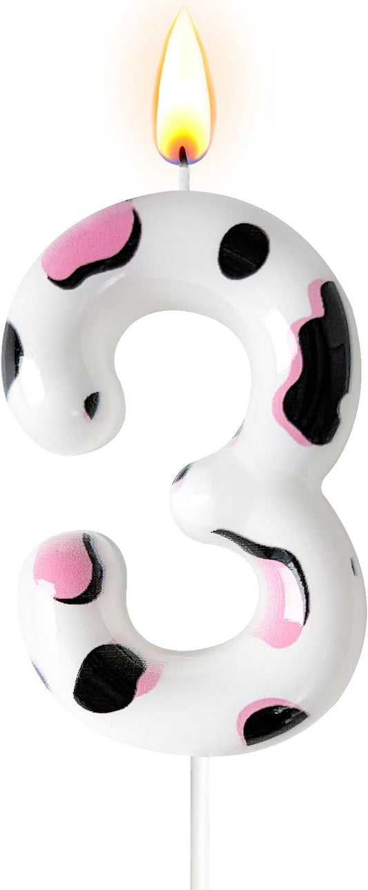 Number 3 Birthday Candle for Cake – Cow Print Design in White Black Pink – Farm Theme & Cowgirl Party Cake Topper Decoration
