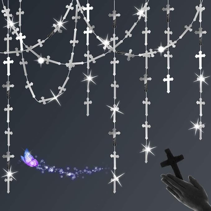52.5FT Cross Garlands, Sliver Christ Cross Hanging Decor, Ceiling Hanging Decoration for Easter Baptisms Christening Wedding Baby Shower