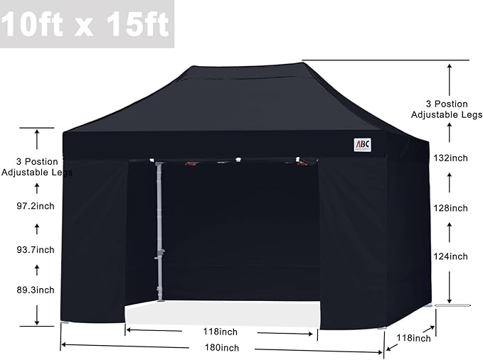 ABCCANOPY Easy Pop Up Canopy Tent with Sidewalls 10x15 Commercial -Series,Black