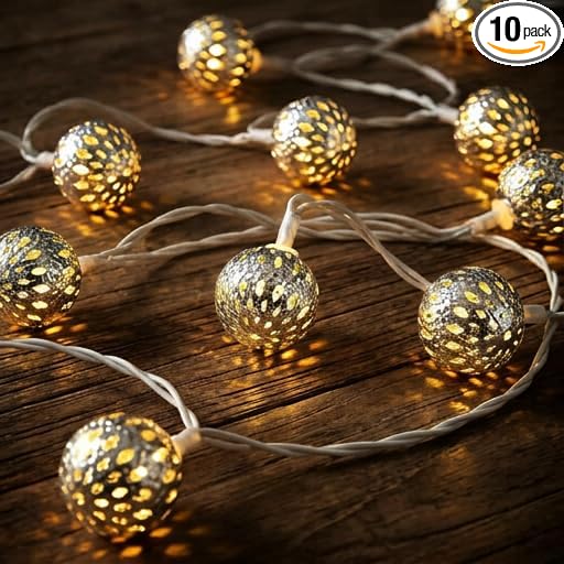 8.5Ft Moroccan String Lights Plug in, 10 LED Silver Metal Globe Fairy Lights, Warm White Hollow Lantern Decorative Lights for Ramadan Eid Mubarak Diwali Bohemian Home Bedroom Patio Party Wedding Decor