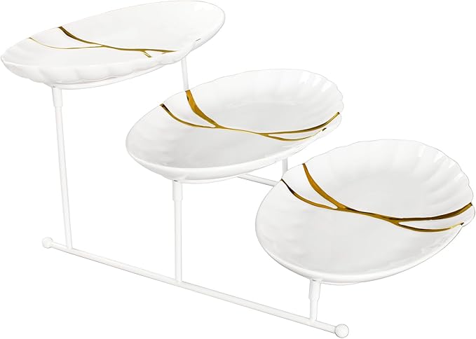 three-tier dining stand, including three 9.8-inch rectangular gold-rimmed plates, foldable and sturdy white metal stand for food display, fruit, desserts, party entertainment decoration
