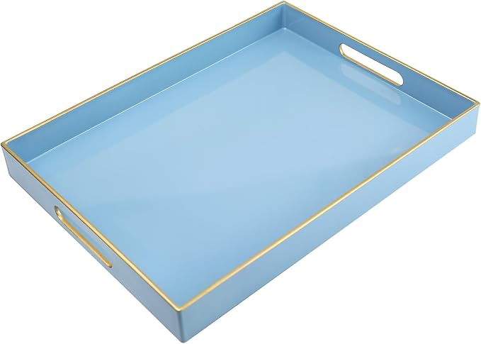 Spsyrine Blue Plastic Serving Tray for Ottoman, Coffee Table, Rectangle Decorative Tray for Entertaining, Outdoor, Living Room, Home Decor