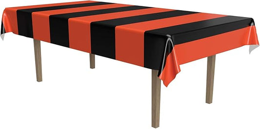 Beistle Orange and Black Striped Plastic Tablecover, Rectangular Halloween Tablecloth for Trick or Treat, Harvest Party, Fall Decoration, 108" x 54"