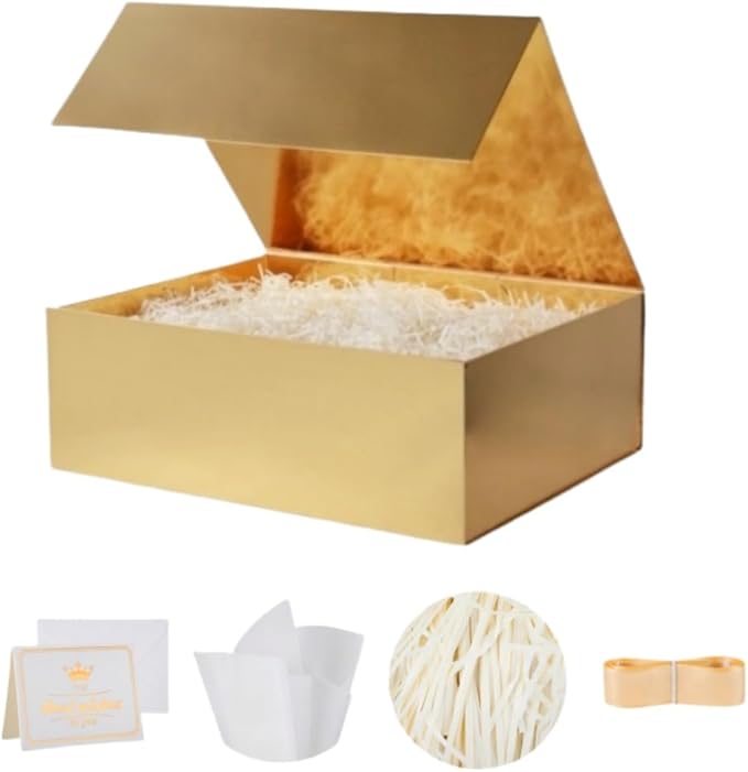 UoeRing 1 Pcs Gold Gift Box 9.5x6x3 inch Small Luxury Gift Box for Presents with Magnetic Lid Collapsible,Birthday,Christmas,Contains Card, Ribbon, Tissue Paper,Shredded Paper Fille