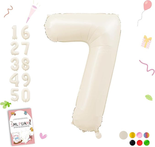 40 Inch Beige Number 7 Balloons for Girls Boys 7th Birthday, Giant Self Inflating Cream Foil Number Balloons 0-9 Large White Sand Digital 7 Balloon for Party Decorations Anniversary Supplies