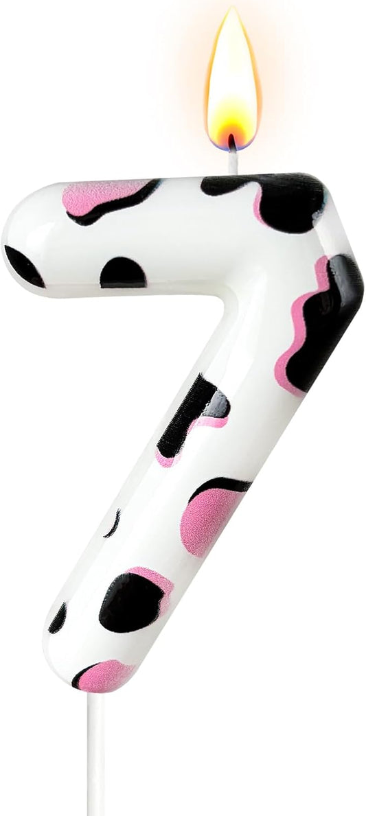 Number 7 Birthday Candle for Cake – Cow Print Design in White Black Pink – Farm Theme & Cowgirl Party Cake Topper Decoration