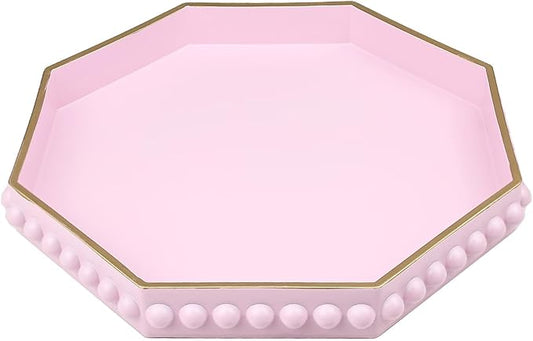 Pink Serving Tray for Coffee Table, Octagonal Beaded Plastic Decorative Tray for Ottoman, Kitchen Counter, Living Room