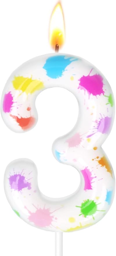 Paint Birthday Candles, Art Paint Party Decoration Supplies, Birthday Number Candles for Cake Topper (Multicolour, Number 3)