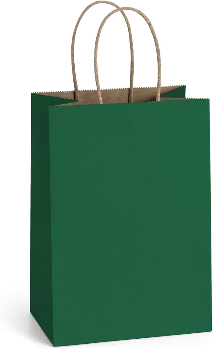 BagDream Forest Green Gift Bags with Handles 5.25x3x8 Inch 25Pcs Small Kraft Paper Gift Bags for Christmas, Thanksgiving, Craft, Outings, Party Favors, Retail, Grocery, Recyclable